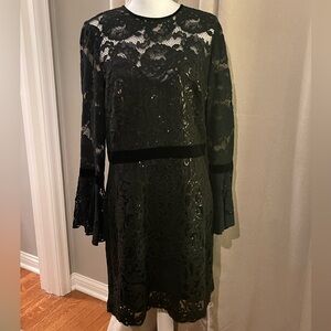 Tadashi Shoji Black Sequin Lace Dress Will Bell Sleeves & Velvet Trim Size 14